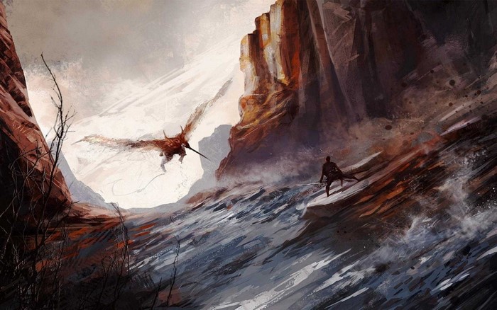 Fantasy art of a dragon attacking a man in a canyon