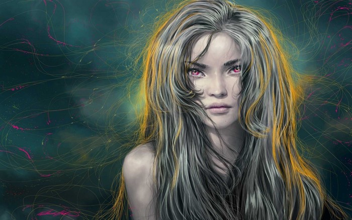 Illustration of a woman with pink eyes and flowing hair