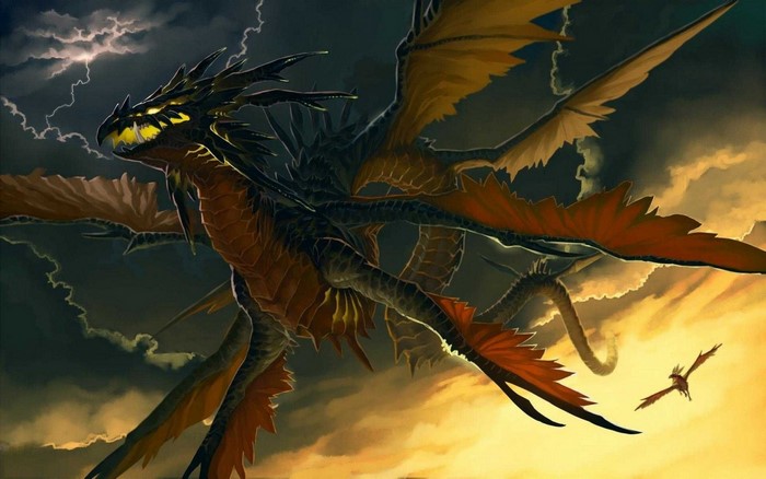 Fantasy art of a dragon flying in a stormy sky