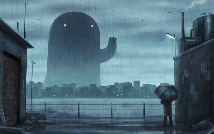 Giant creature in a rainy city