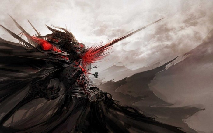 Dark armored warrior with arrows and blood