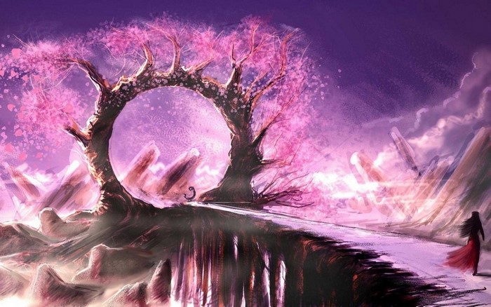 Fantasy portal with cherry blossoms and a woman