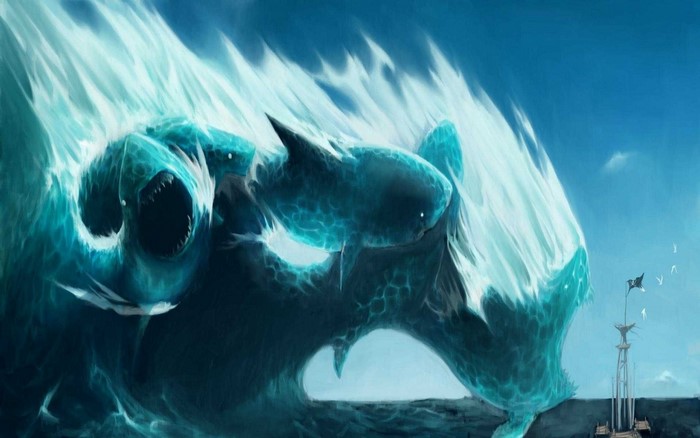 Fantasy art of a giant water creature attacking a ship
