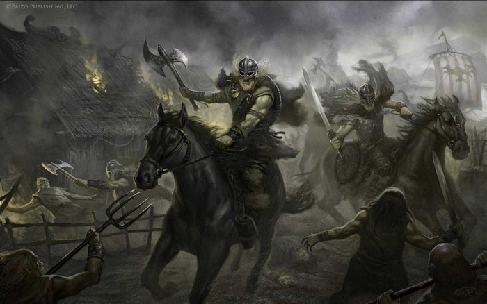 Vikings in battle with axes and swords