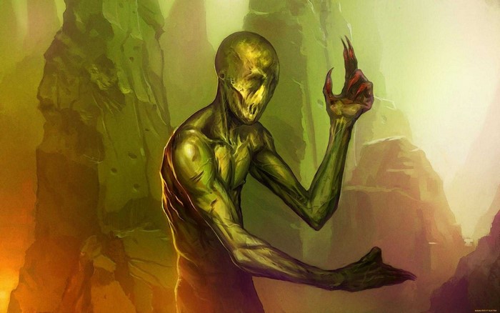 Green creature with sharp claws in a fantasy landscape