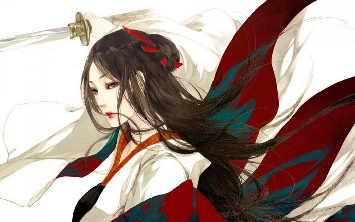 Anime woman with sword and red accents