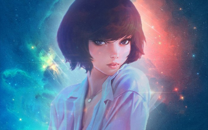 Anime girl with short hair in a galaxy