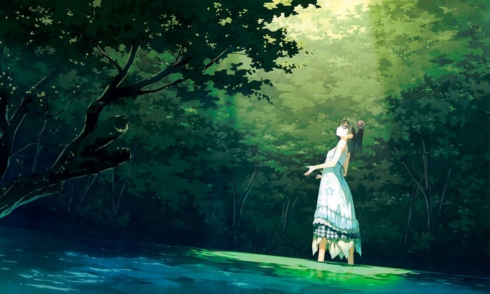 Anime girl in white dress in forest with sunlight