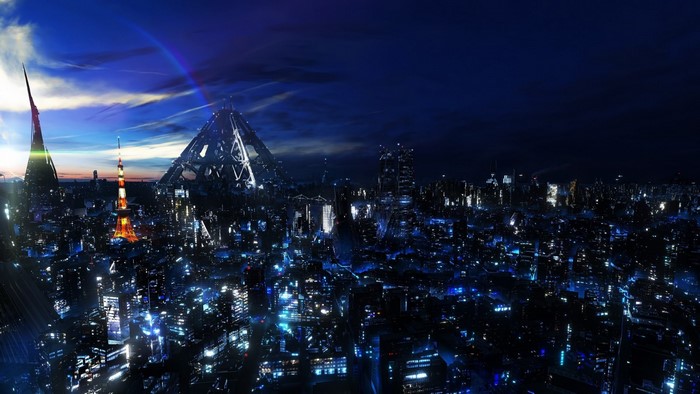 Futuristic city skyline at night with a rainbow