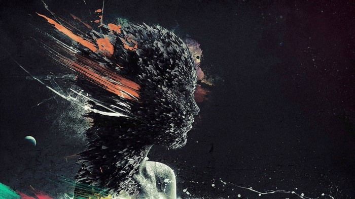 Abstract human head exploding into space art