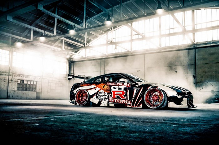 Custom Nissan GT-R in a warehouse