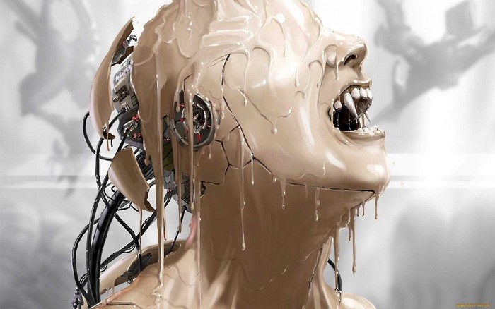 Robot with fangs covered in dripping substance