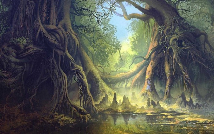 Painting of a mystical swamp forest with large trees and sunlight