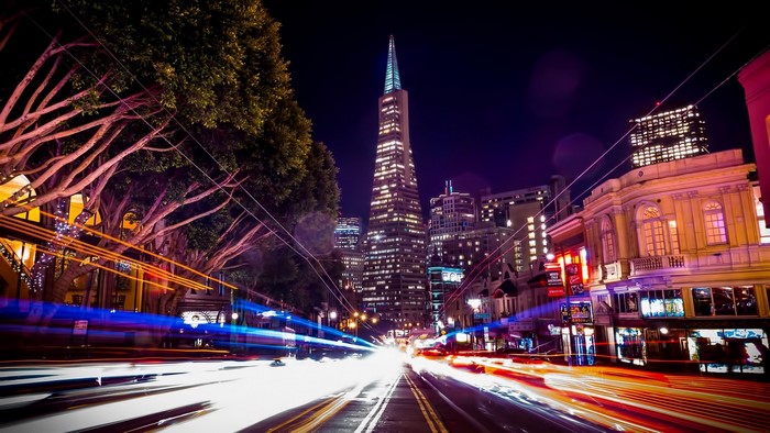 San Francisco Transamerica Pyramid at Night with Light Trails