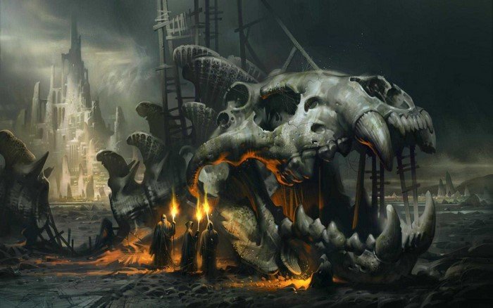 Fantasy art of a giant skull structure with figures holding torches