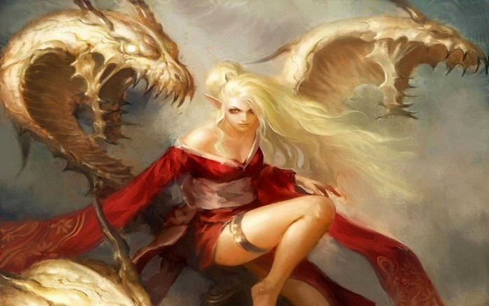 Fantasy art of a blonde elf woman with dragons