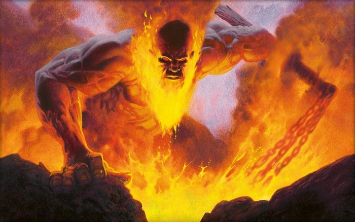 A fiery giant emerges from lava