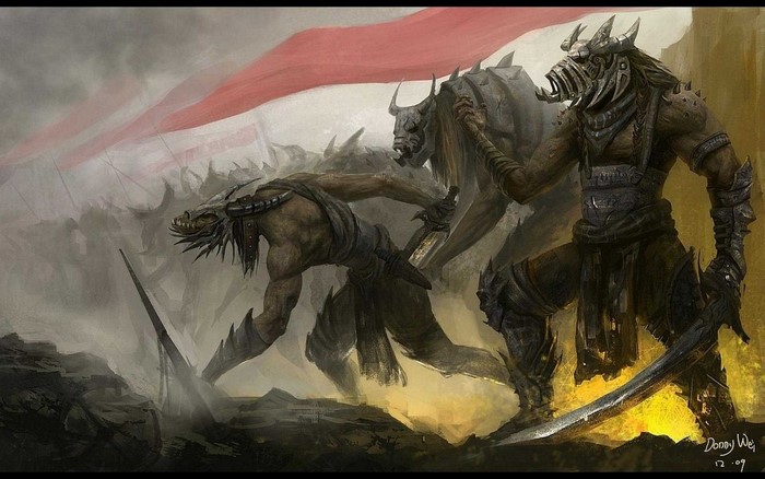 Fantasy warriors with monster beasts and banners