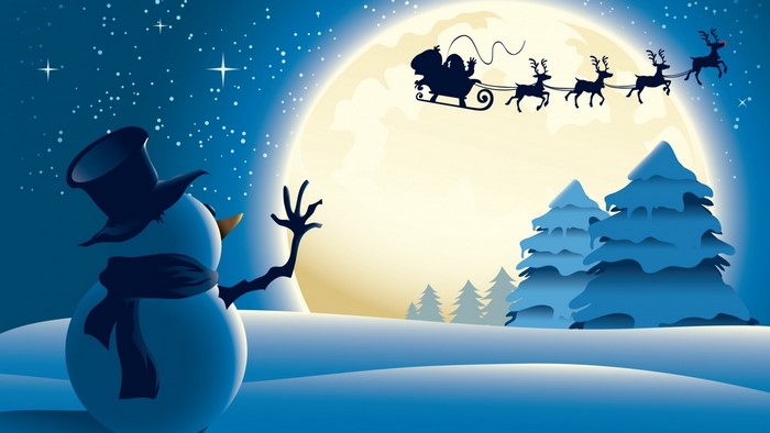 Snowman and Santa Claus flying in the night sky
