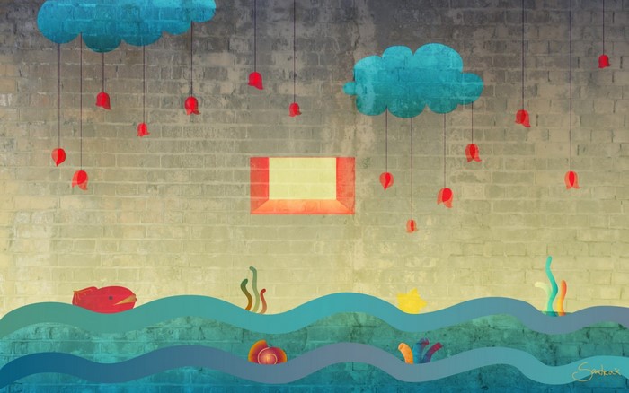 Illustration of a whimsical underwater scene with clouds and rain