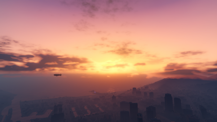 Blimp over city at sunset in Grand Theft Auto V