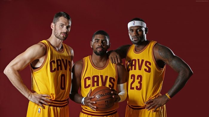 Kevin Love, Kyrie Irving, and LeBron James of the Cleveland Cavaliers