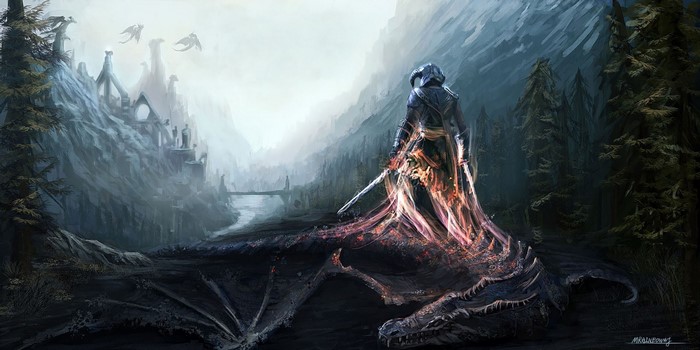 Dovahkiin standing over a dragon in Skyrim
