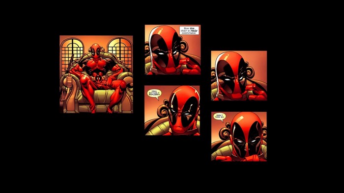 Deadpool sitting on a throne and in close-up panels