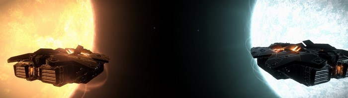 Anaconda spaceship near two suns in Elite Dangerous