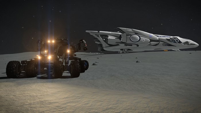 Planetary Rover and Spaceship on Lunar Surface in Elite Dangerous