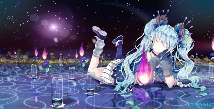 Hatsune Miku performing on a starry stage with glowing flowers