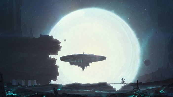 Sci-fi landscape with flying saucer and cyclist