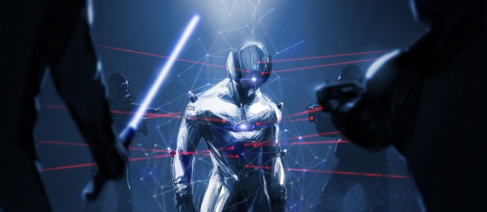 Futuristic robot surrounded by red laser grid