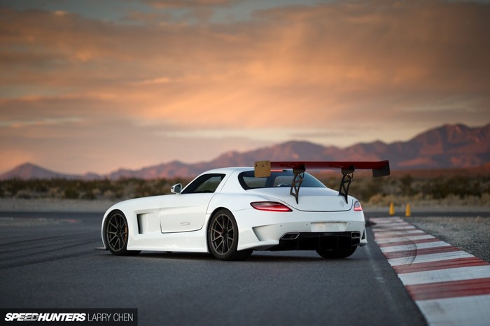 White Mercedes-Benz SLS AMG with large rear wing