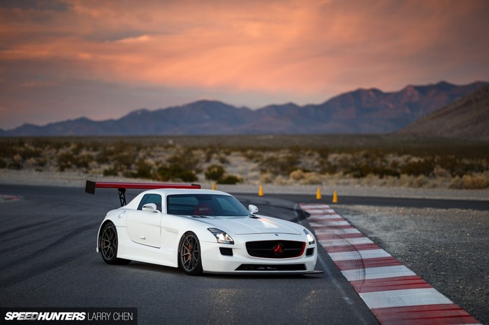 White Mercedes-Benz SLS AMG GT3 on a Racetrack