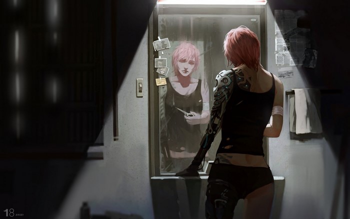 Anime girl with robotic arm looking in mirror