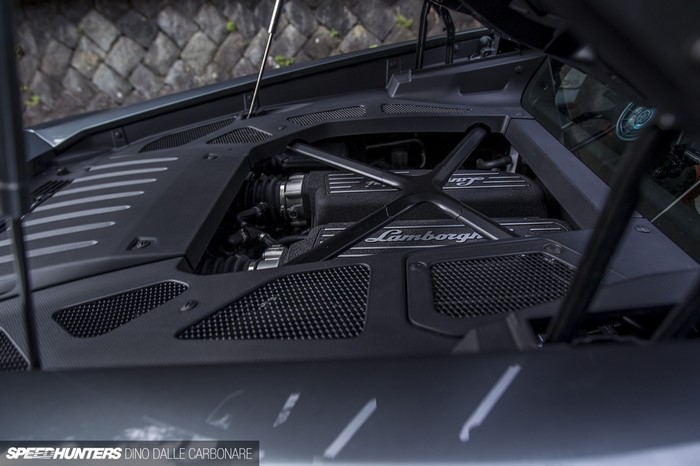 Lamborghini Huracan engine bay with carbon fiber accents