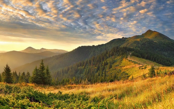 Mountain landscape at sunrise with clouds and trees