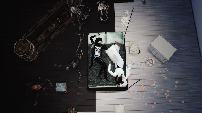 The Sims characters on a bed with skeletons