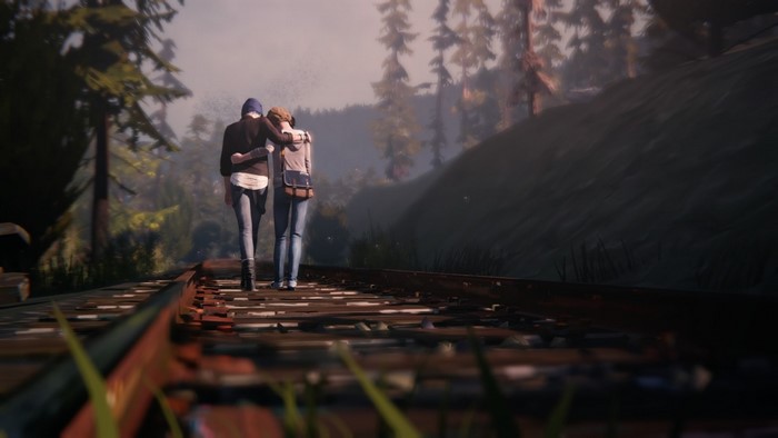 Max Caulfield and Chloe Price from Life Is Strange walking on train tracks