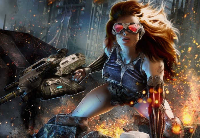 Futuristic woman warrior with cybernetic arm and weapon