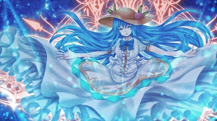 Hinanawi Tenshi from Touhou with blue hair and a hat