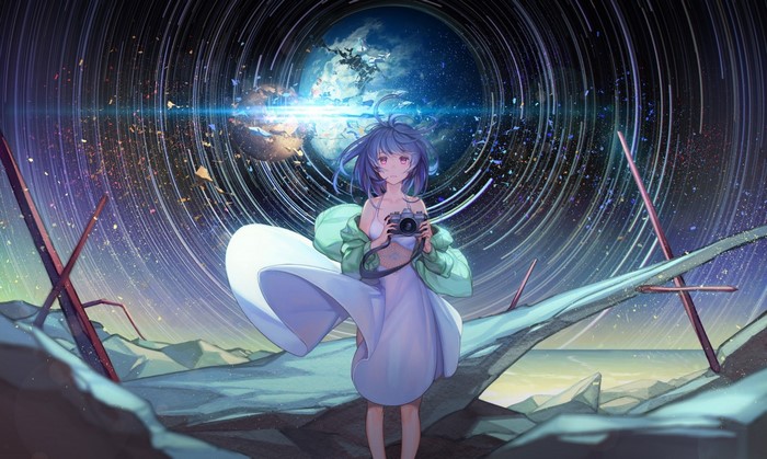 Anime girl with blue hair holding a camera in space