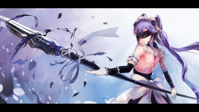 Anime girl with purple hair and blindfold holding a spear