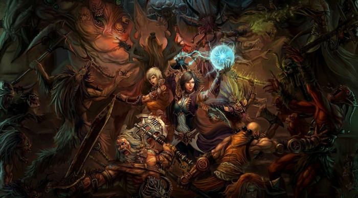 Diablo III artwork featuring heroes fighting demons