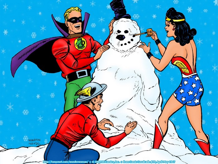 Green Lantern, Wonder Woman, and The Flash building a snowman