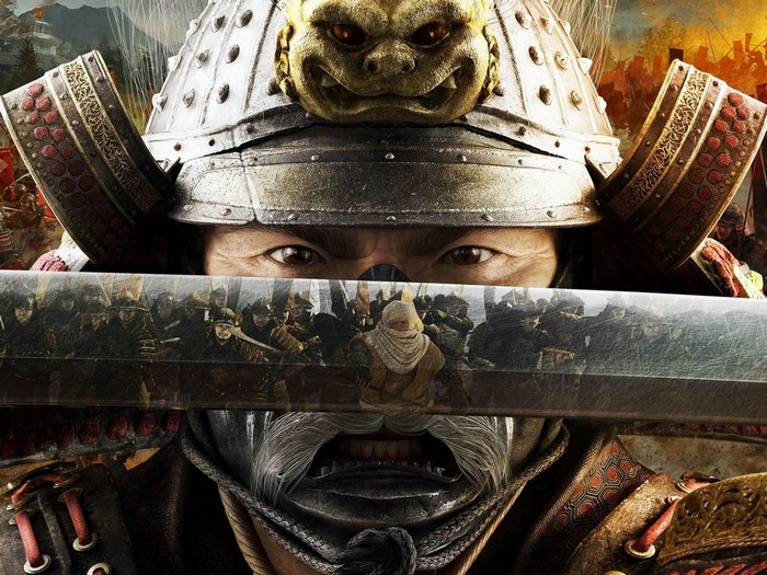 Samurai warrior with sword and reflection of army