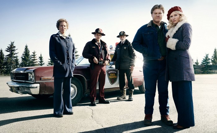 Fargo TV series cast with Minnesota State Trooper car