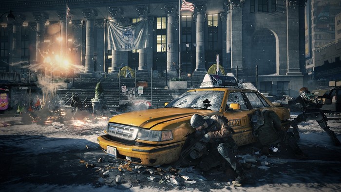 Tom Clancy's The Division screenshot with soldiers and taxi
