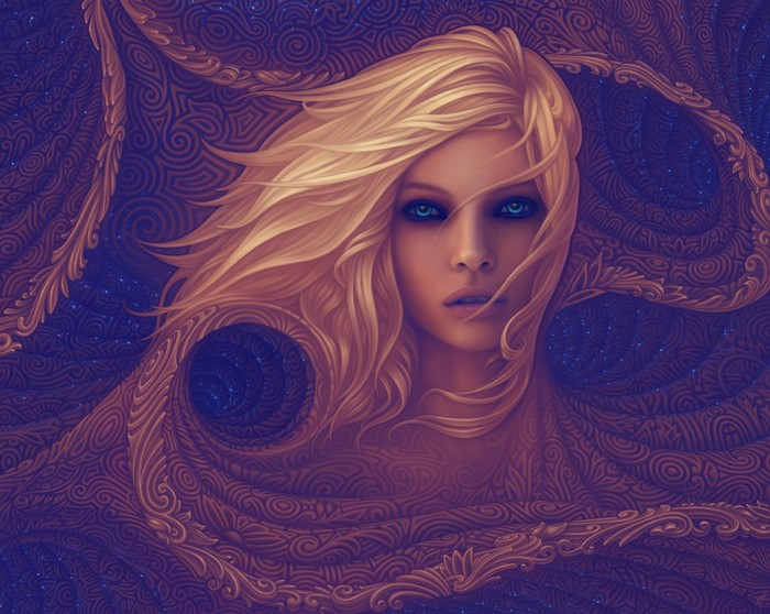 Woman with blonde hair and blue eyes surrounded by abstract patterns